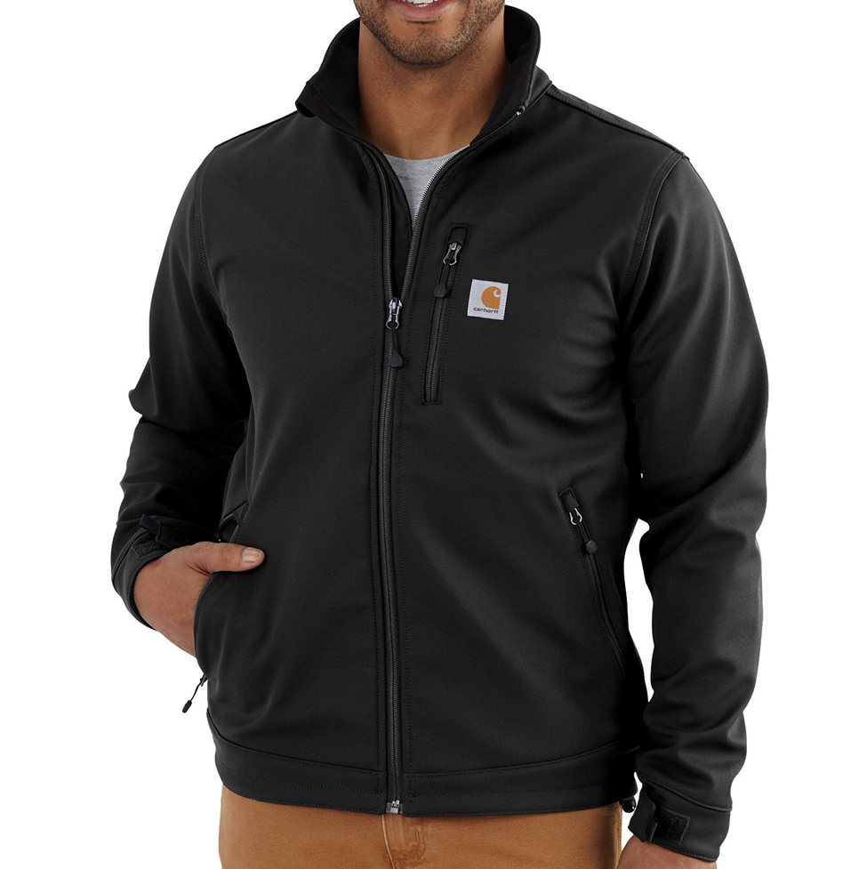 Man wearing a black jacket with a visible brand logo on a white background