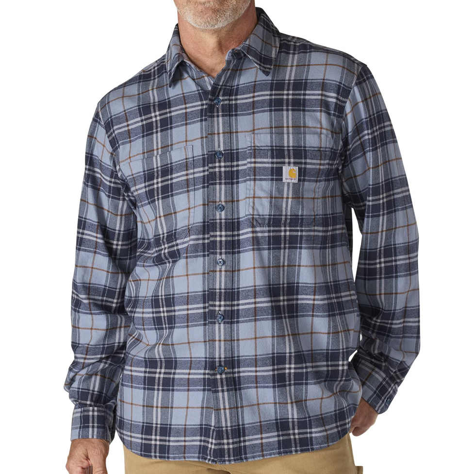 Man wearing a plaid shirt with a visible brand logo on a white background