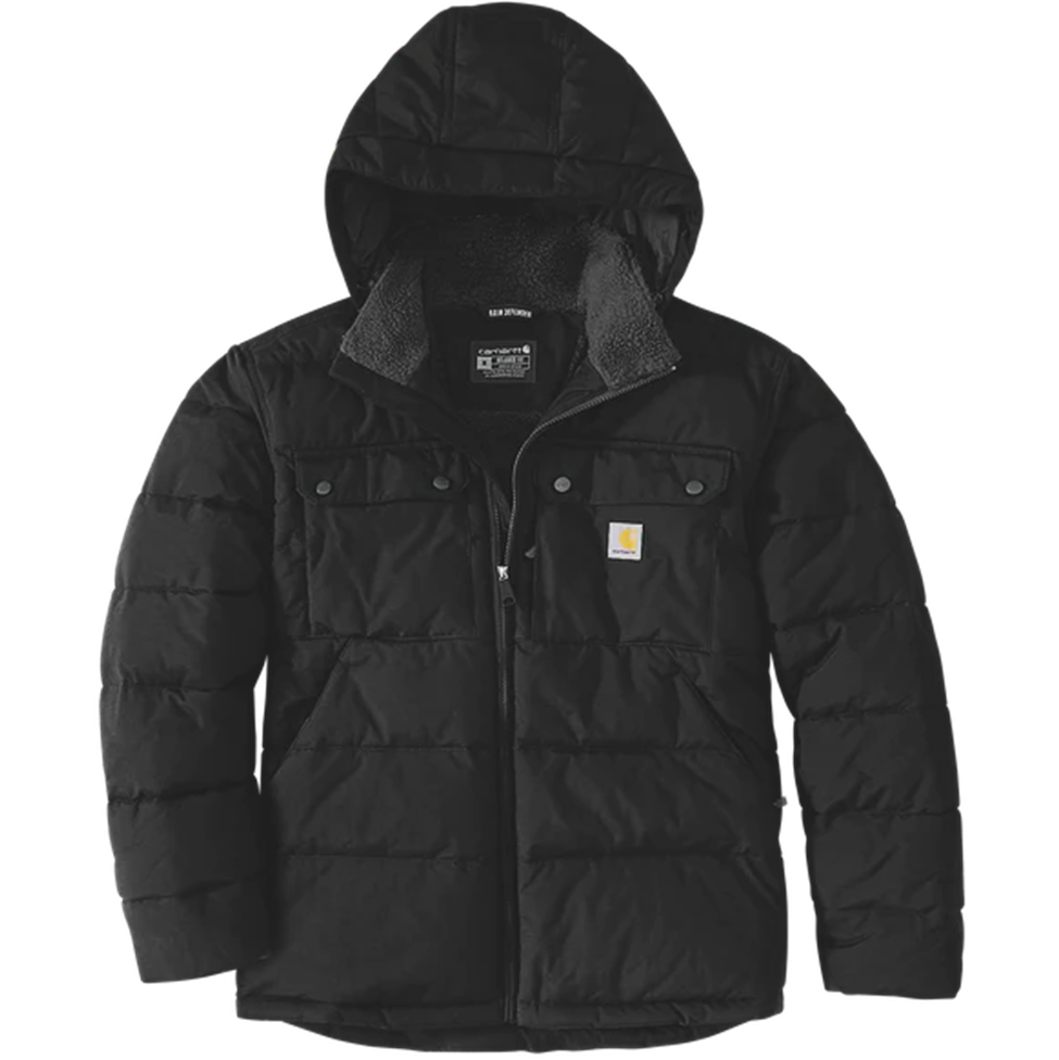 Black puffer jacket with Carhartt logo on a white background