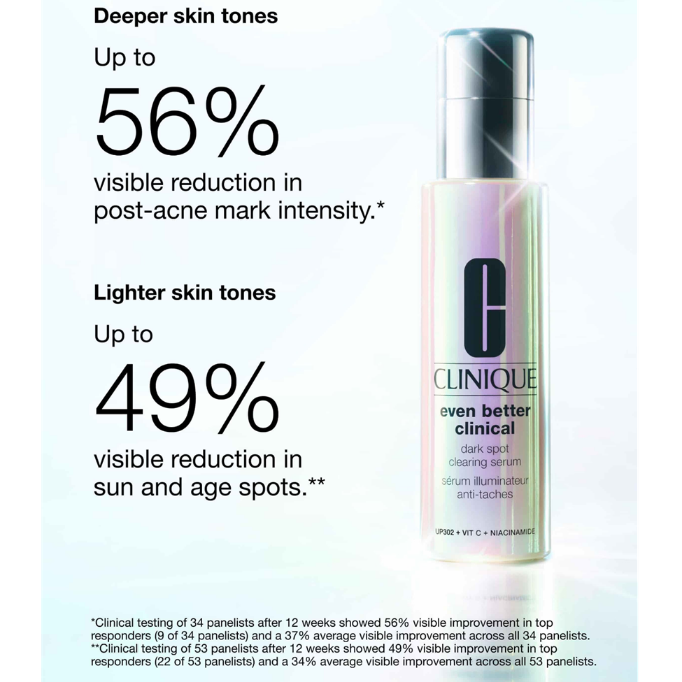 Clinique skincare serum bottle with text about skin tone improvement on a light blue background