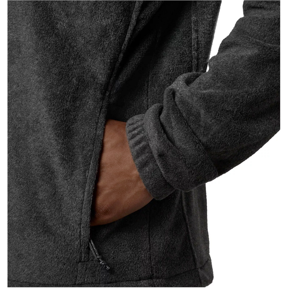 Close-up of a dark gray coat with a hand partially visible through the sleeve.