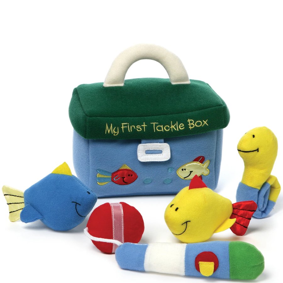 Children's toy tackle box with plush fish and accessories on a white background