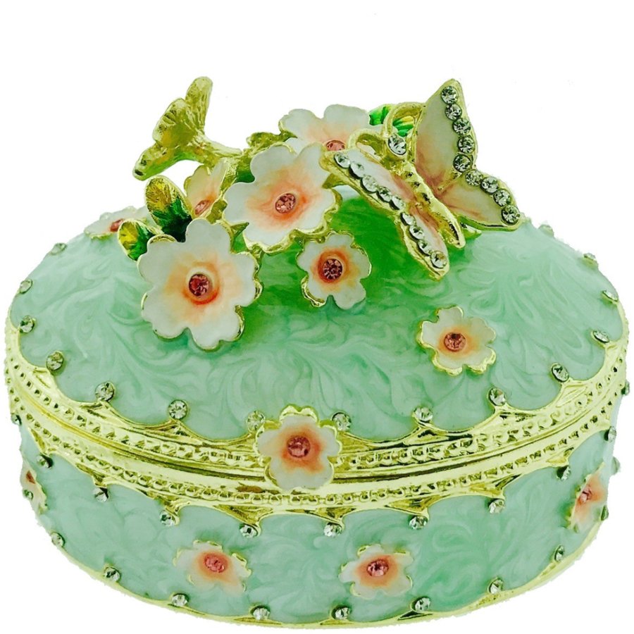 Decorative green box with floral and butterfly designs on a white background