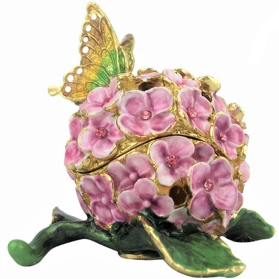 Decorative box with pink flowers and a gold butterfly on a white background