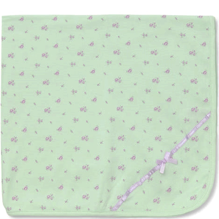 Green baby blanket with purple floral pattern and bow