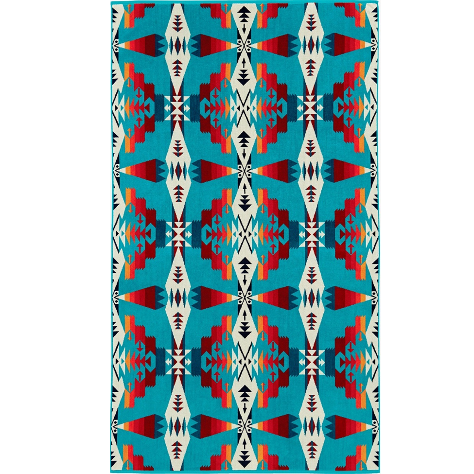Colorful geometric patterned rug with a blue background
