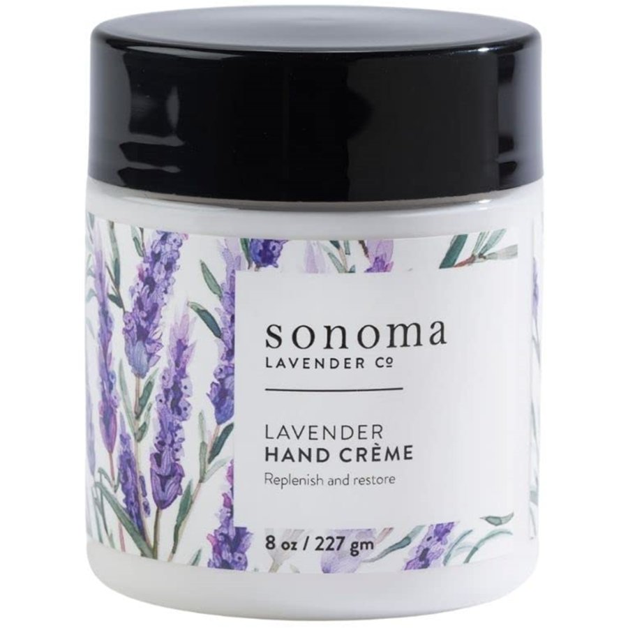 Jar of Sonoma Lavender Co. Lavender Hand Creme with black lid on a white background