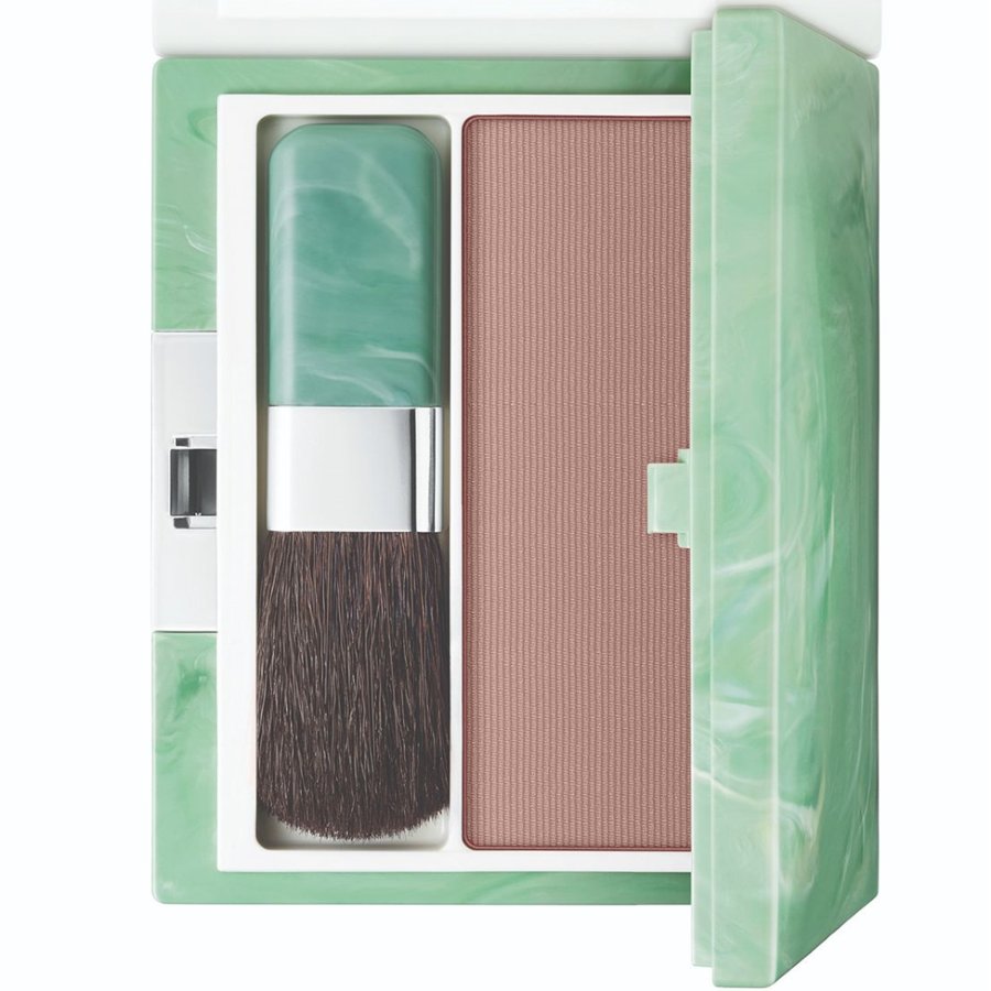 Makeup set with brush and brown powder in a green case on a white background