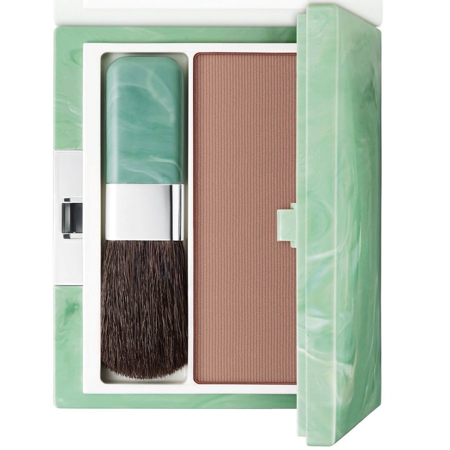 Makeup brush with green and brown case on a white background
