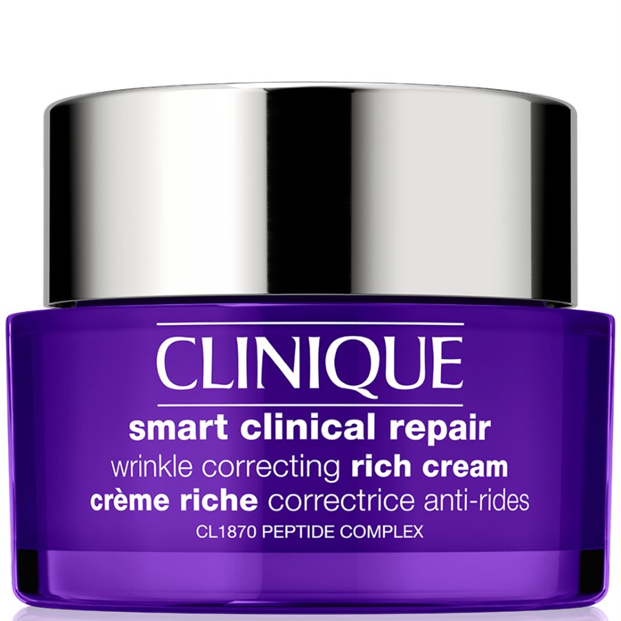 Clinique smart clinical repair wrinkle correcting rich cream jar with silver lid on a white background