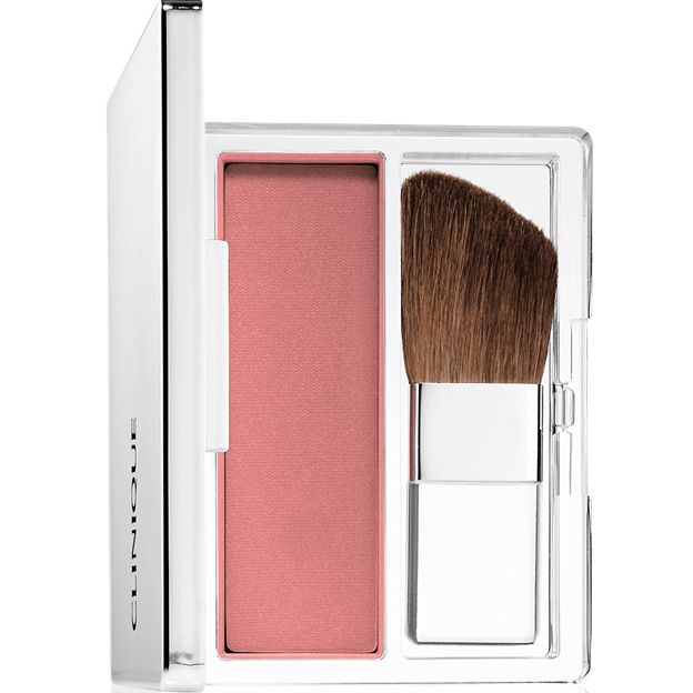 Makeup blush with a brush in a clear case on a white background