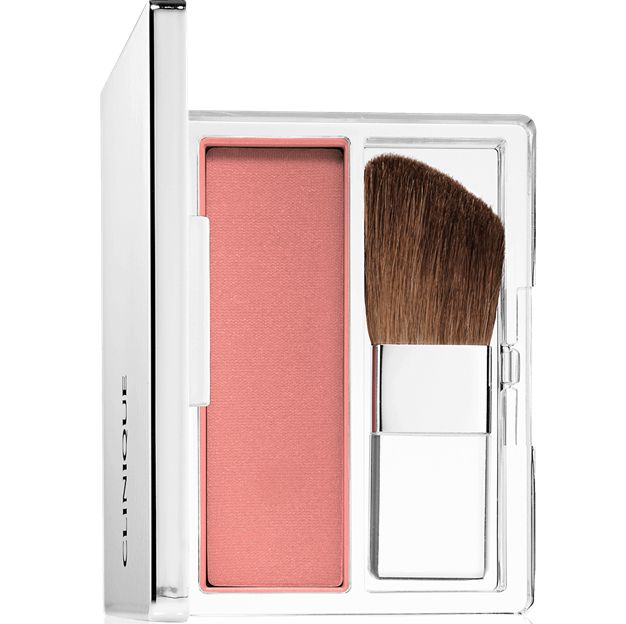 Makeup blush with a brush in a clear case on a white background