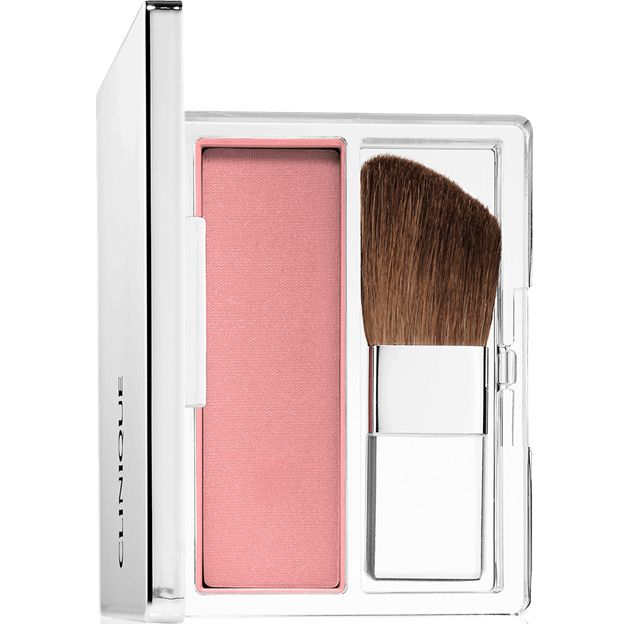 Makeup blush with a brush in a clear case on a white background
