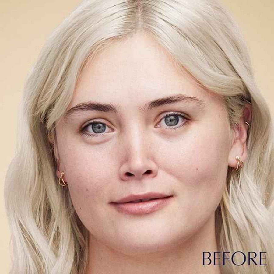 A woman's face showing before and after use of makeup.