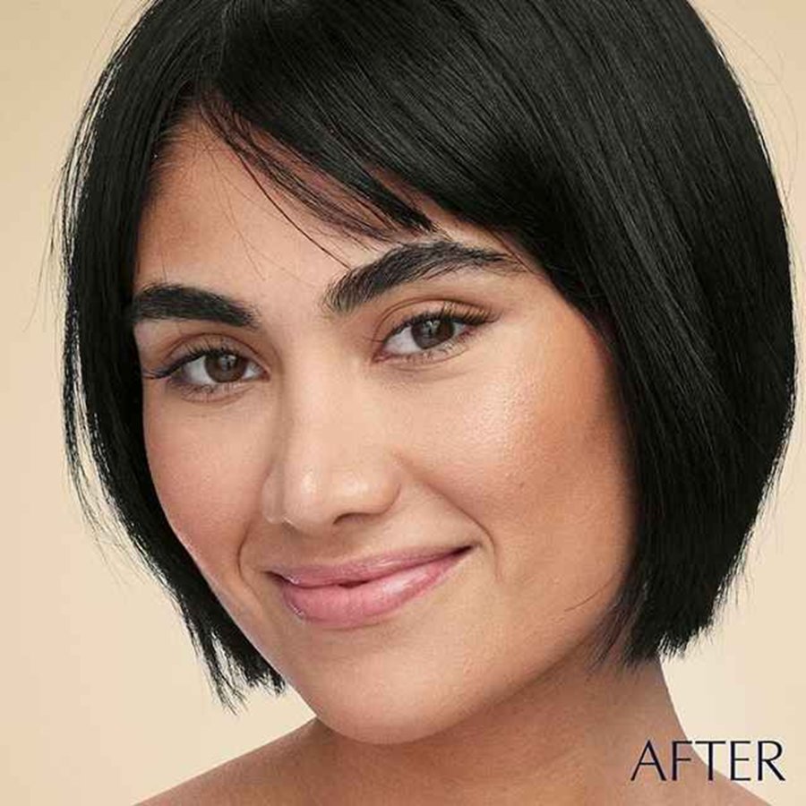 A woman's face showing before and after use of makeup.