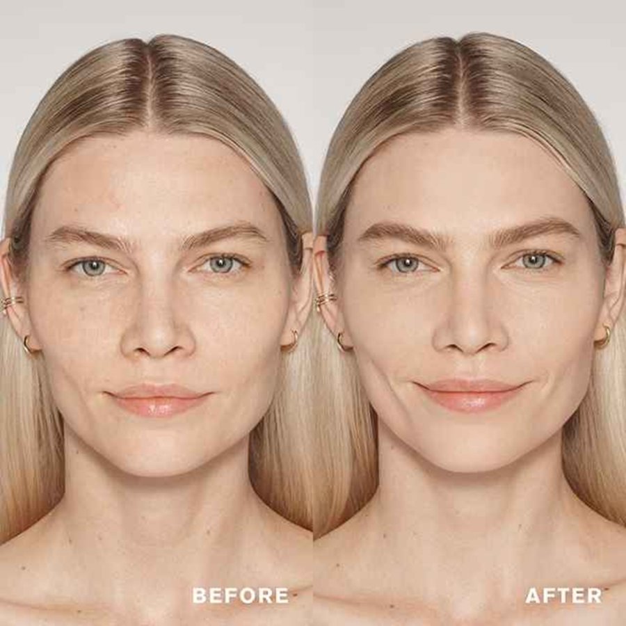 Before and after comparison of a woman's face with visible skin texture differences.