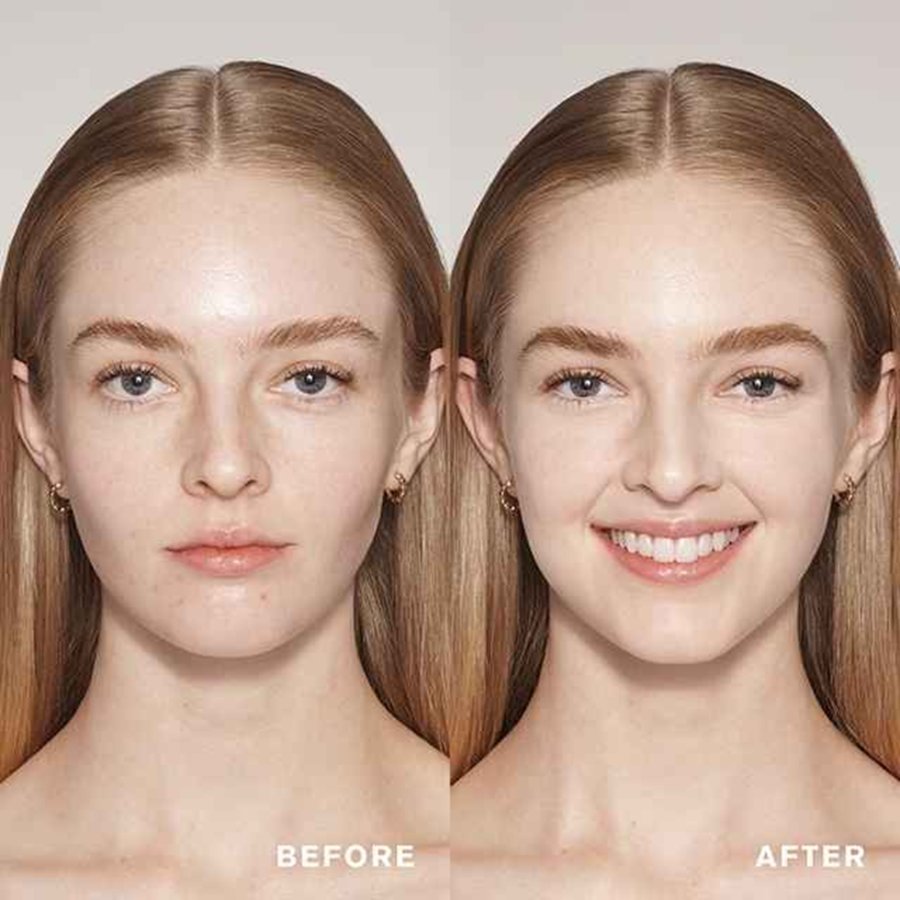 Before and after comparison of a woman's face with visible makeup changes.