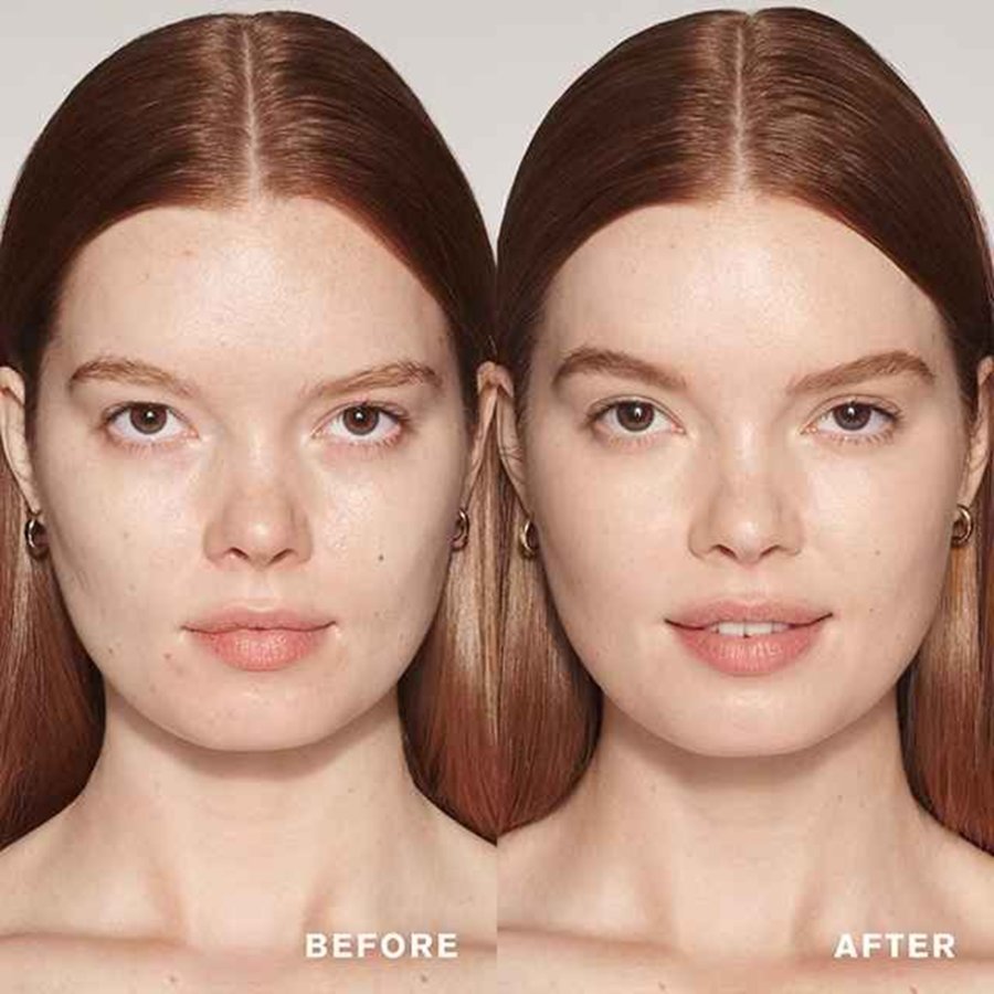Before and after comparison of a woman's face with visible makeup changes.