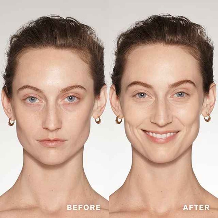 Before and after comparison of a person with cosmetic changes on a plain background