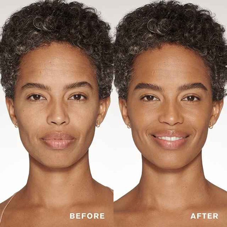 Before and after comparison of a woman's face with a neutral background