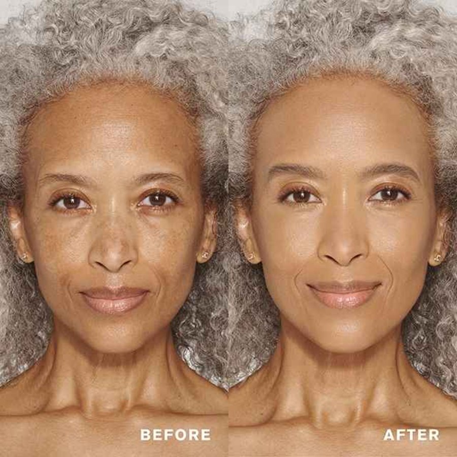 Before and after comparison of a woman's face with gray hair.