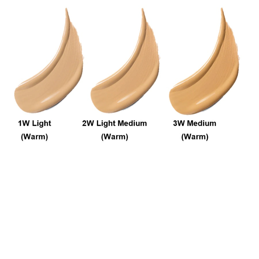 Three swatches of foundation labeled '1W Light', '2W Light Medium', and '3W Medium' on a white background.