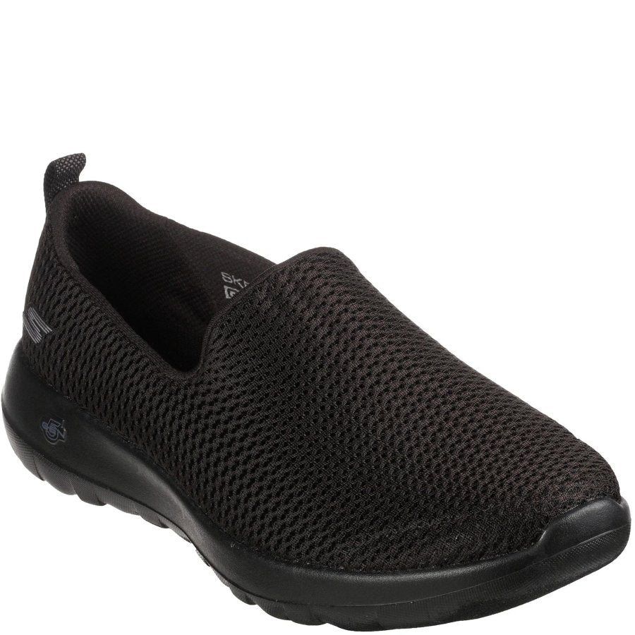 Black slip-on shoe with mesh design on a white background