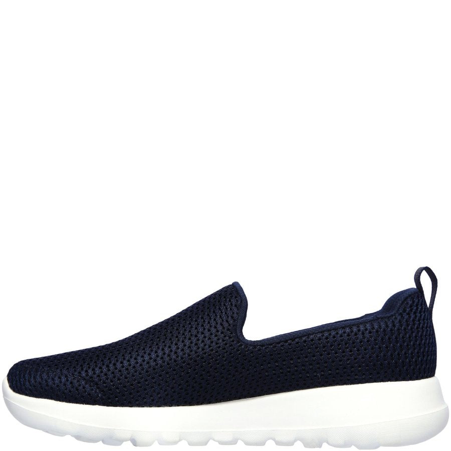 Navy slip-on sneaker with white sole on a white background
