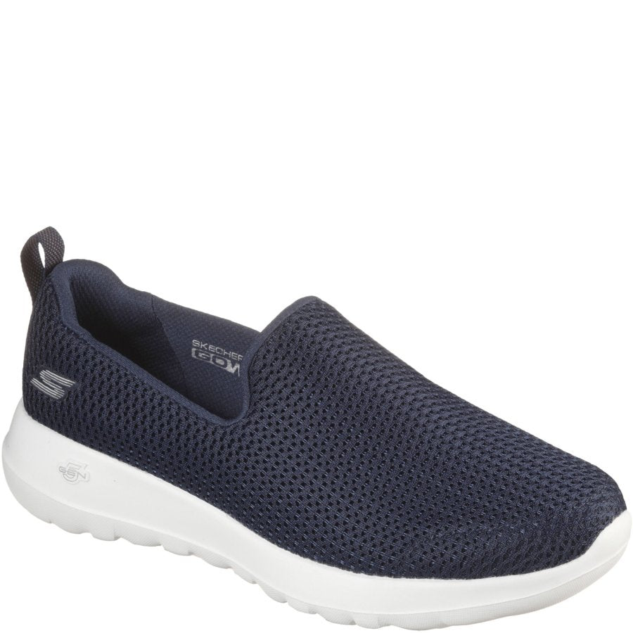 Navy slip-on shoe with white sole on a white background