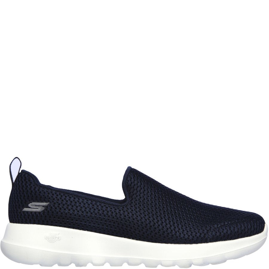 Navy slip-on sneaker with white sole on a white background