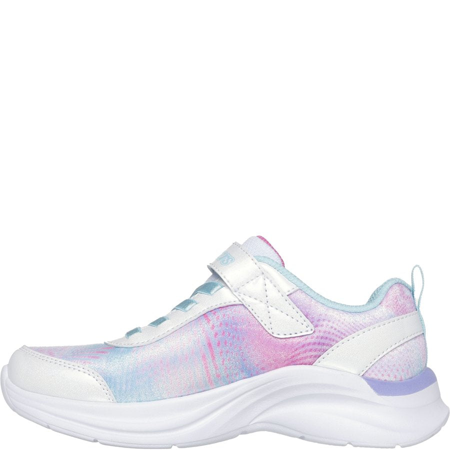 White athletic shoe with colorful sole on a white background