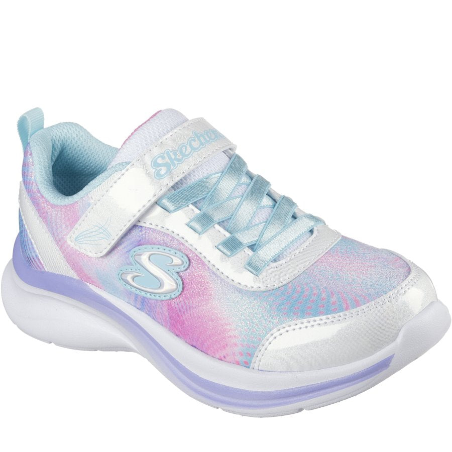 Pastel-colored sneaker with 'Skechers' branding on a white background