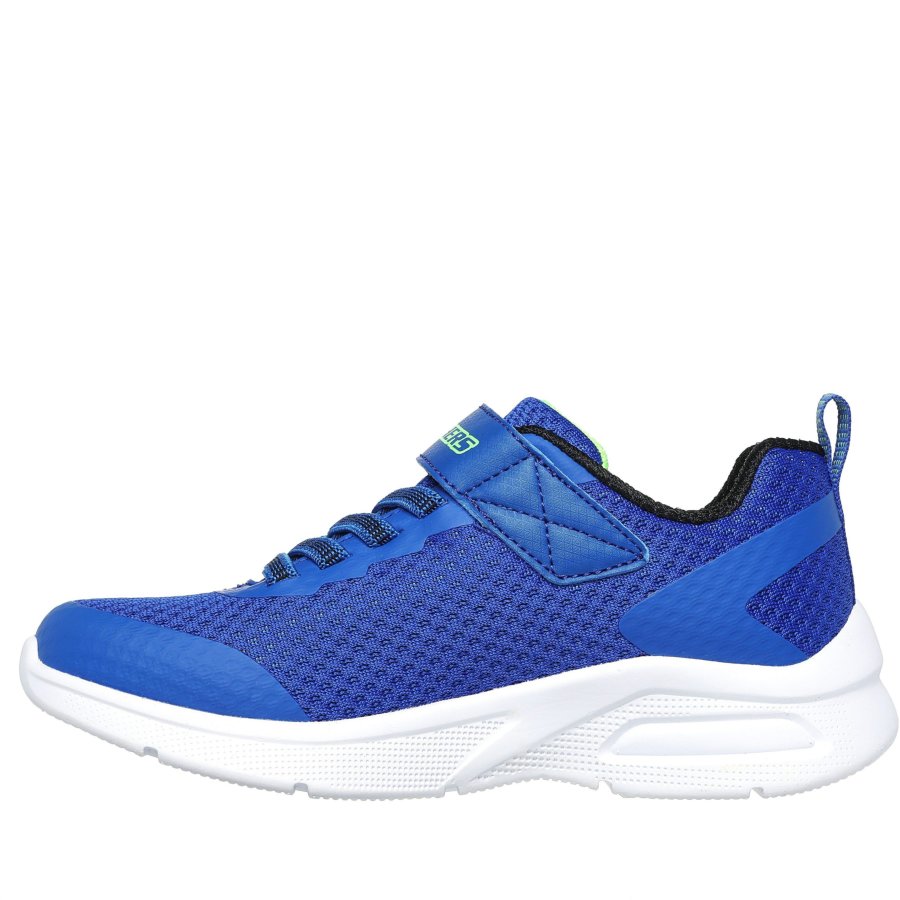 Blue athletic shoe with white sole on a white background