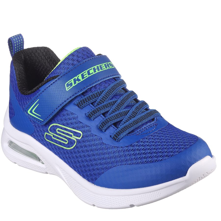 Blue sneaker with green accents on a white background