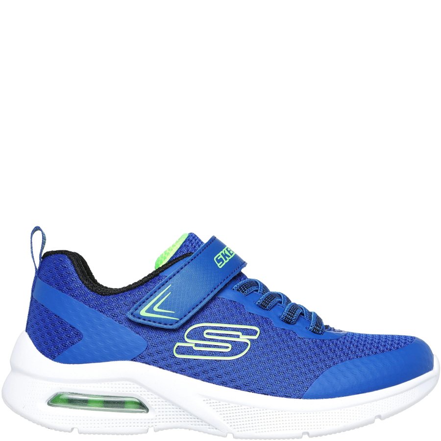 Blue sneaker with green accents on a white background