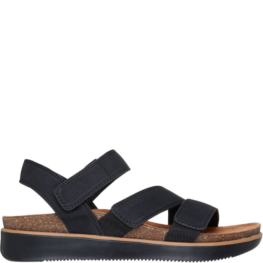 Black sandal with velcro straps on a white background