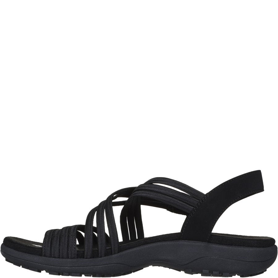 Black sandal with multiple straps on a white background