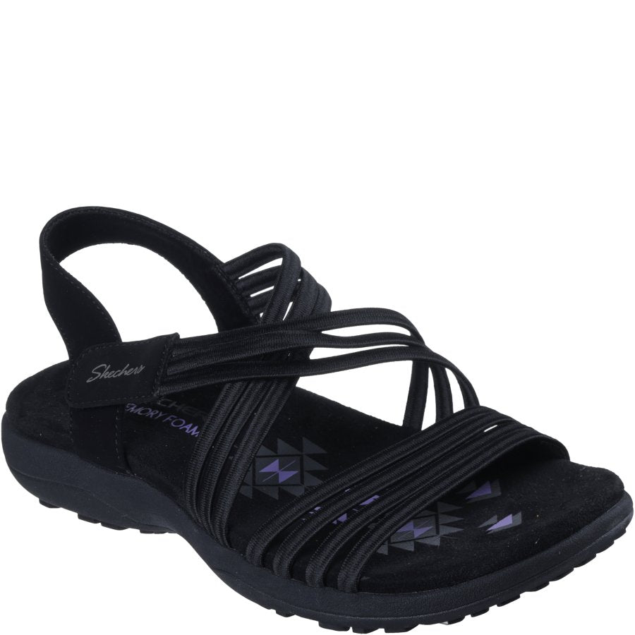 Black sandal with multiple straps on a white background