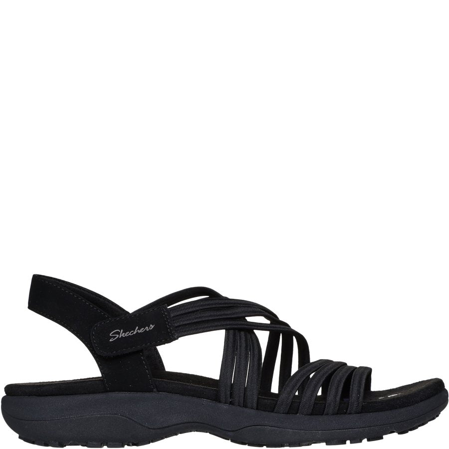 Black sandal with 'Skechers' branding on a white background
