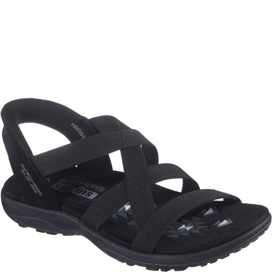 Black sandal with multiple straps on a white background