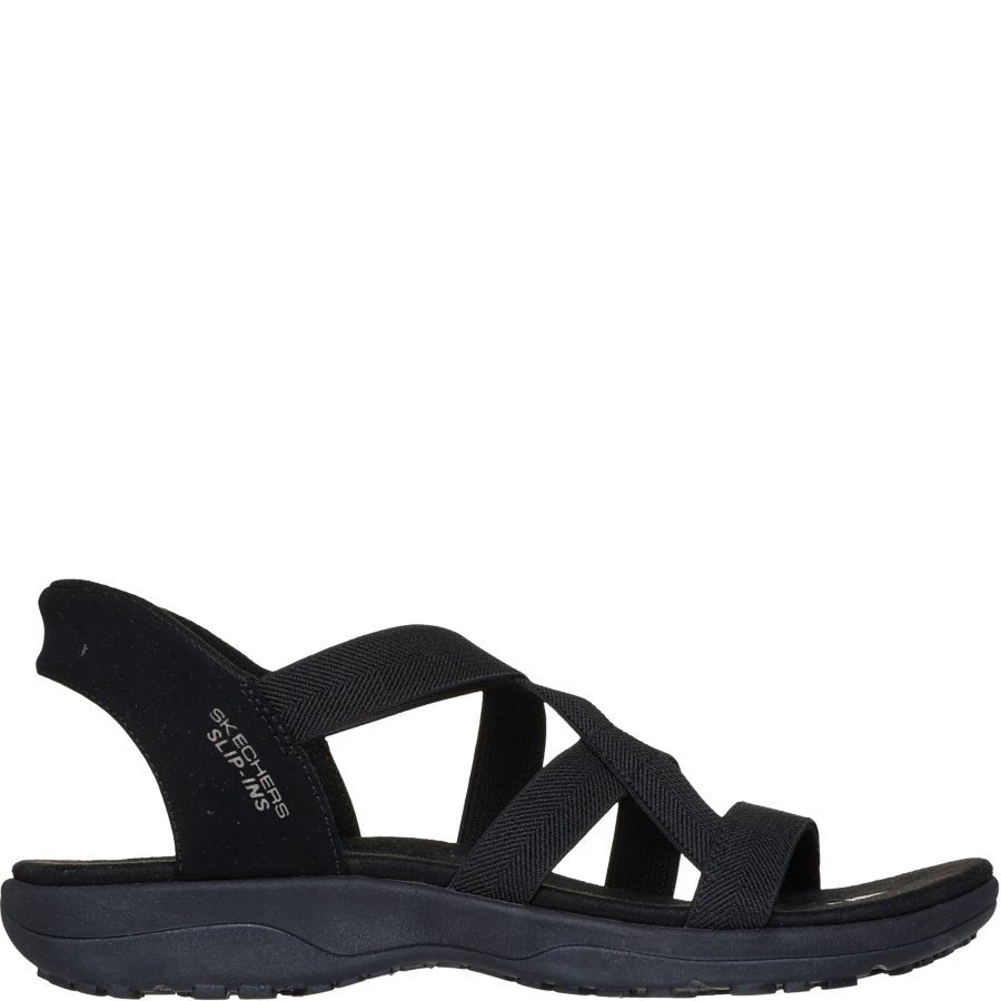 Black sandal with multiple straps on a white background
