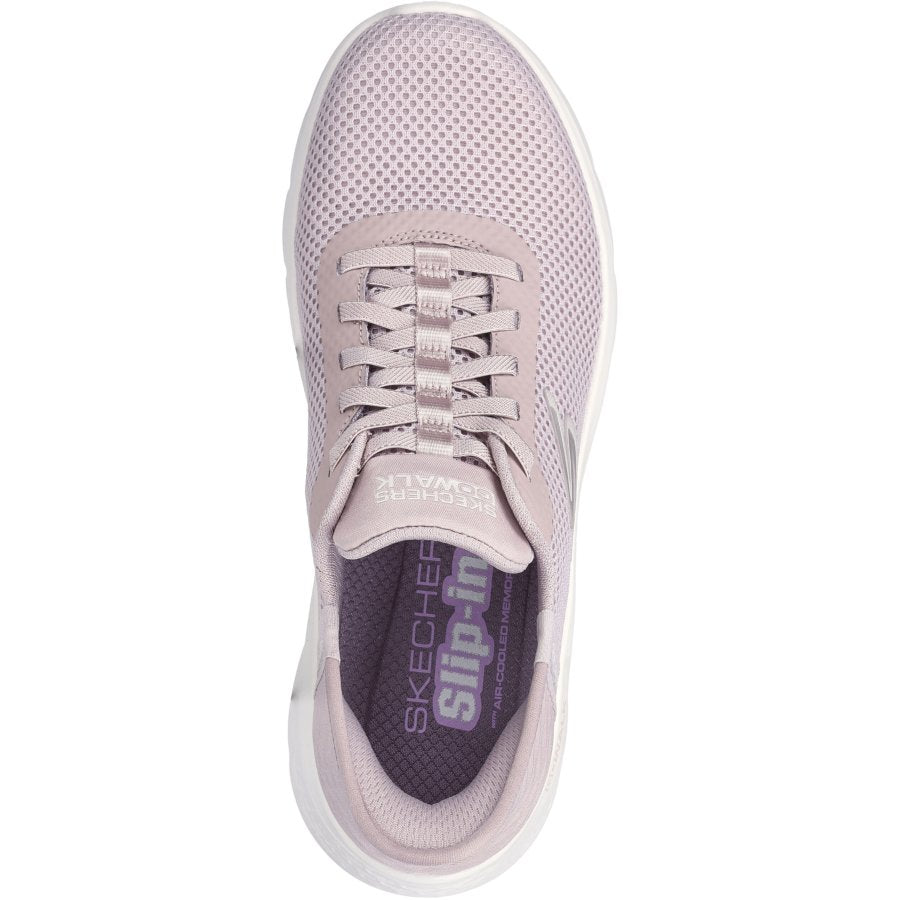 Light purple sneaker with 'Skechers' branding on a white background