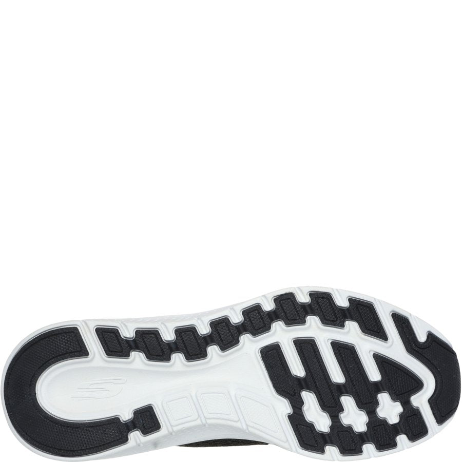 Close-up of a shoe sole with black and white tread pattern on a white background