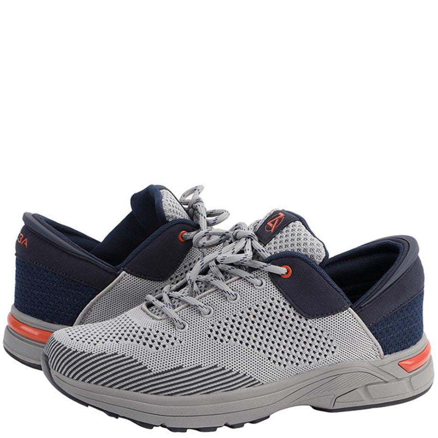 Gray and navy athletic shoes with orange accents on a white background