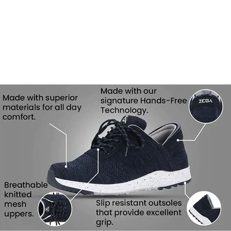 Navy blue athletic shoe with features highlighted on a gray background