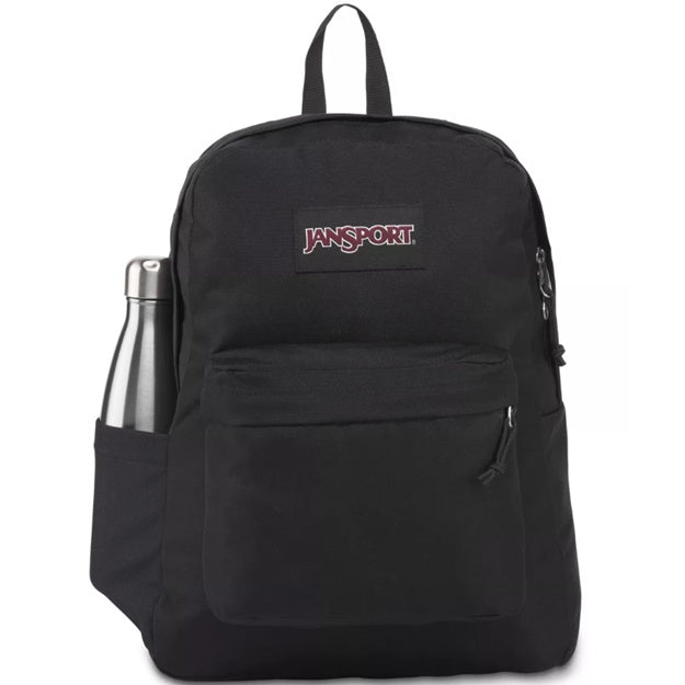 Black JanSport backpack with a water bottle on a white background