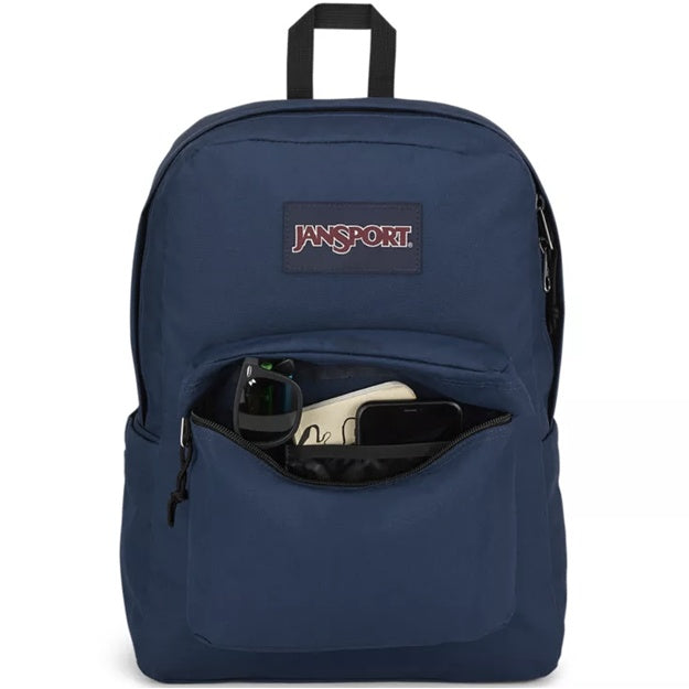 Navy blue backpack with JanSport logo on a white background