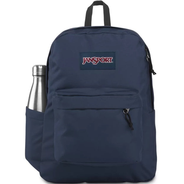 Navy blue Jansport backpack with a water bottle on a white background