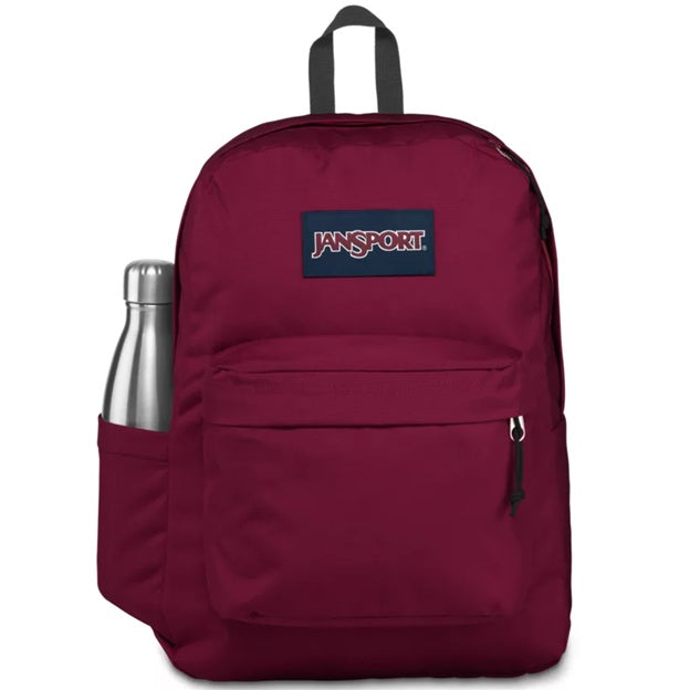 Maroon backpack with JanSport logo and a silver water bottle in front pocket on a white background