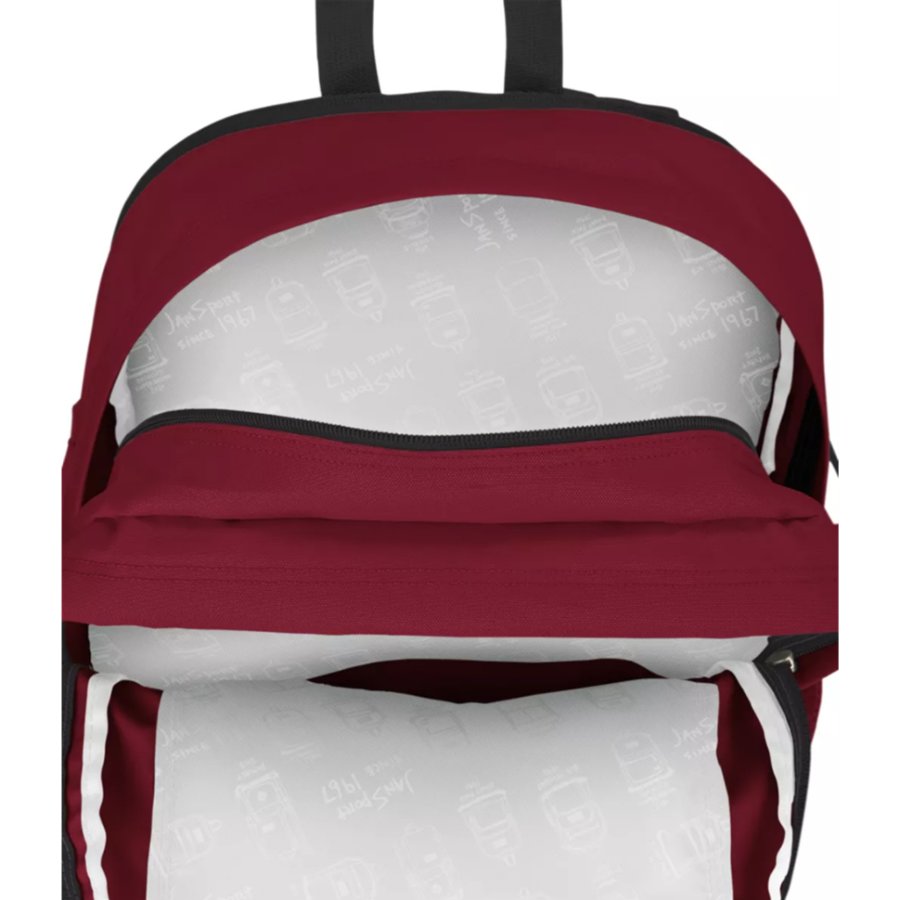 Red Jansport backpack with white interior on a white background